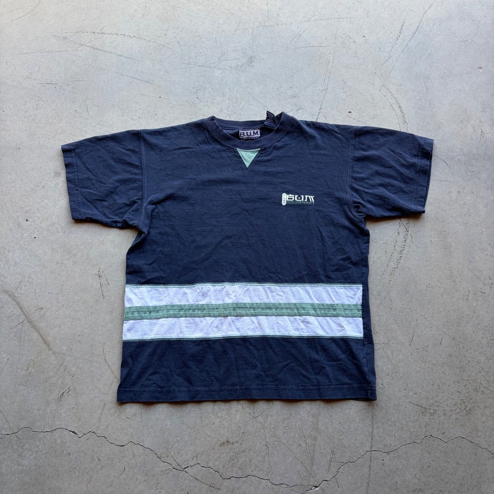 Vintage B.U.M. Equipment Navy Blue Striped T-Shirt Youth XL